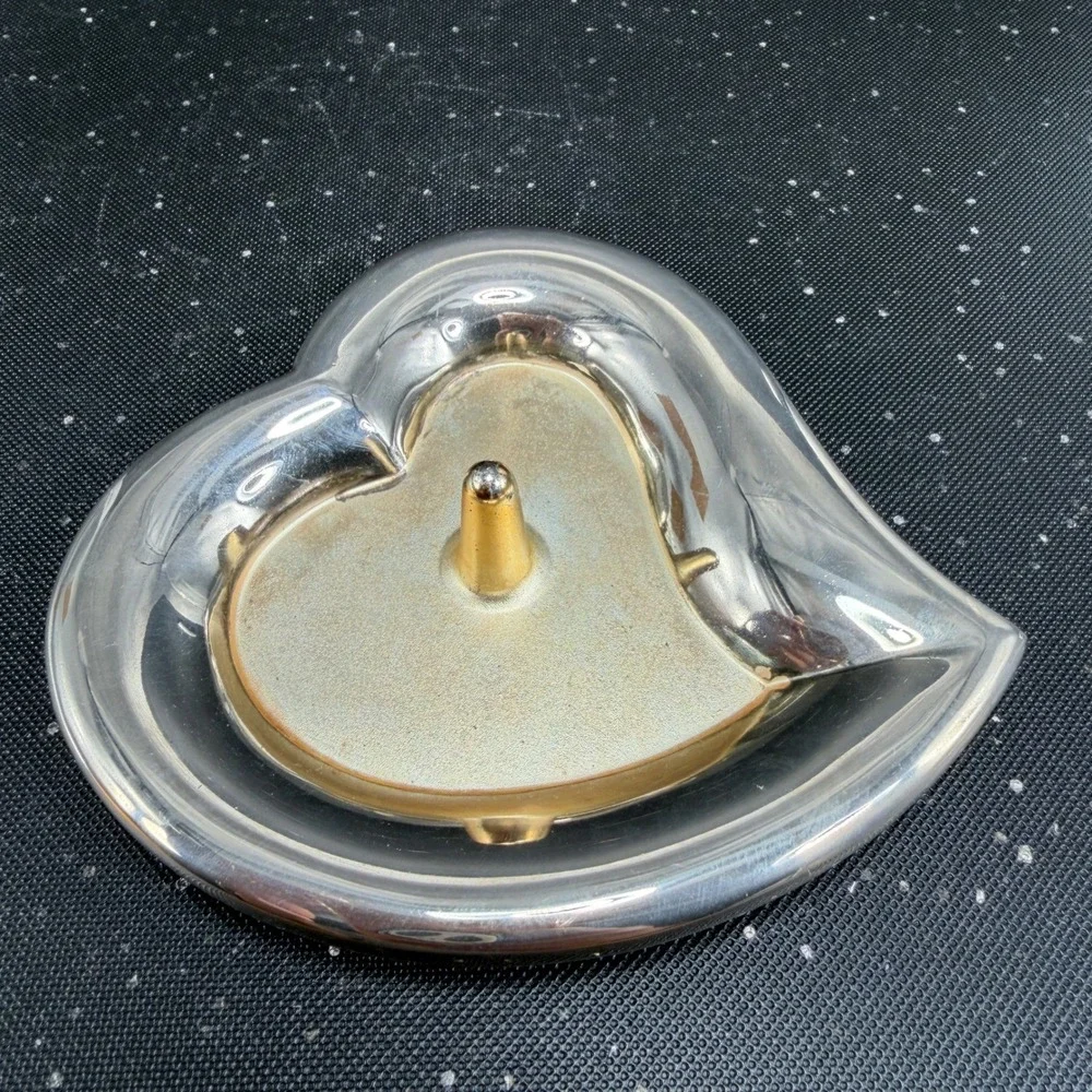 Lenox Heart Shaped Ring Holder Silver Gold Tone Metal Jewelry Trinket Dish 4in